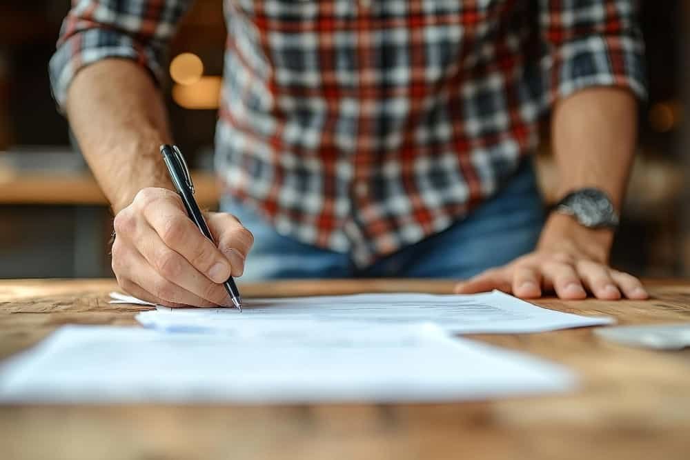La personne écrit sur un document avec un stylo